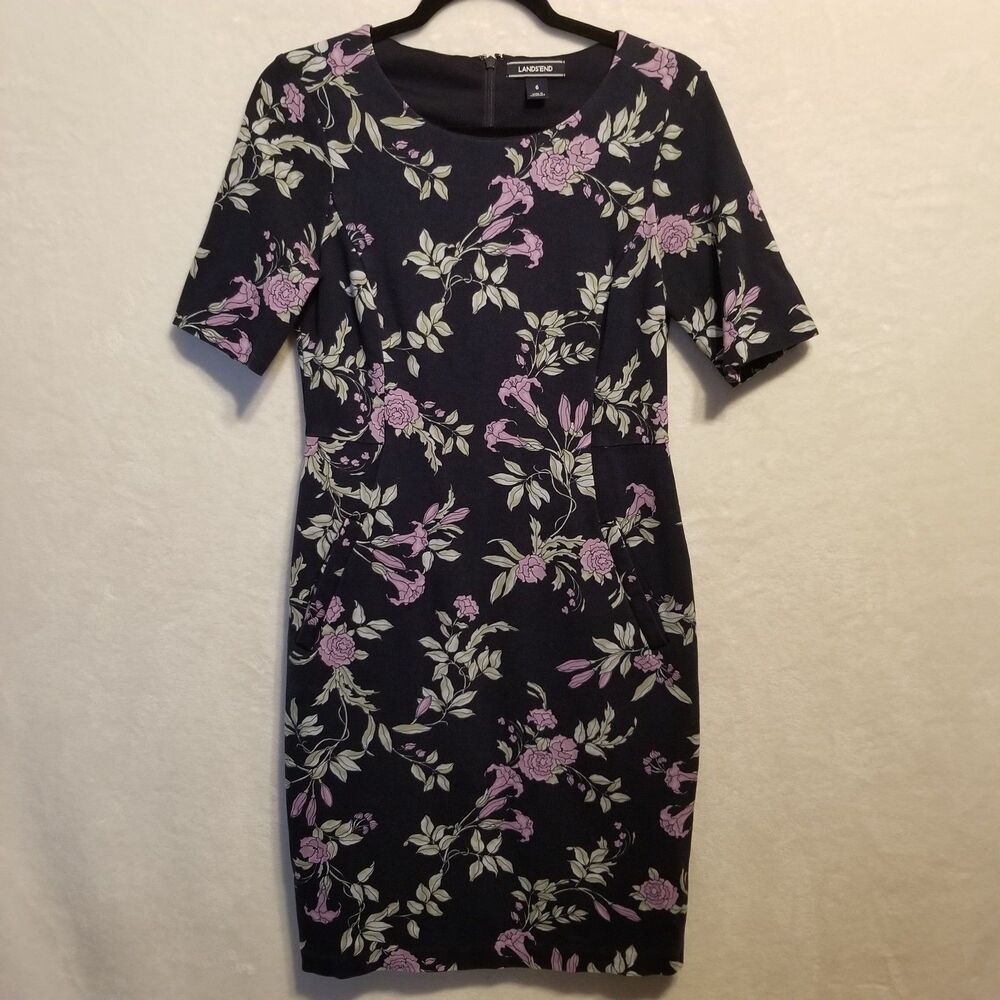Lands End 6 Dress Sheath Navy Blue Floral Ponte Knit Above Knee Pockets Cottage